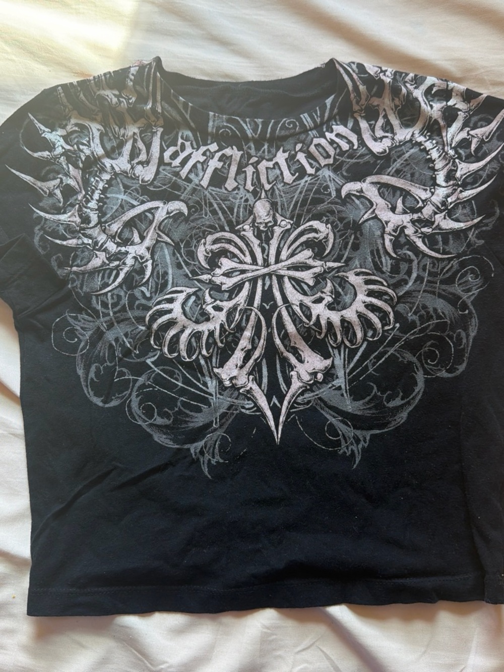 Affliction Black Tee with White Ornate Crest Graphic